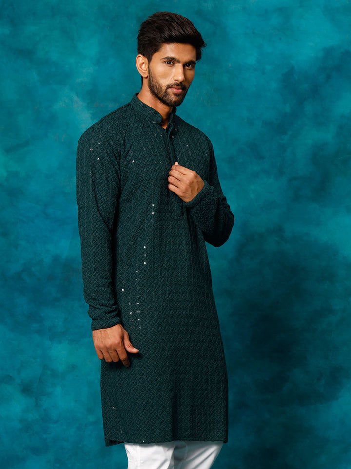 VM By VASTRAMAY Men's Green Rayon Schiffli  Kurta