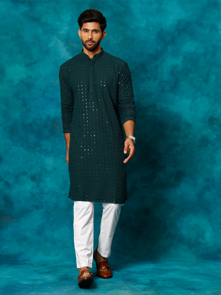 VM By VASTRAMAY Men's Green Rayon Schiffli  Kurta