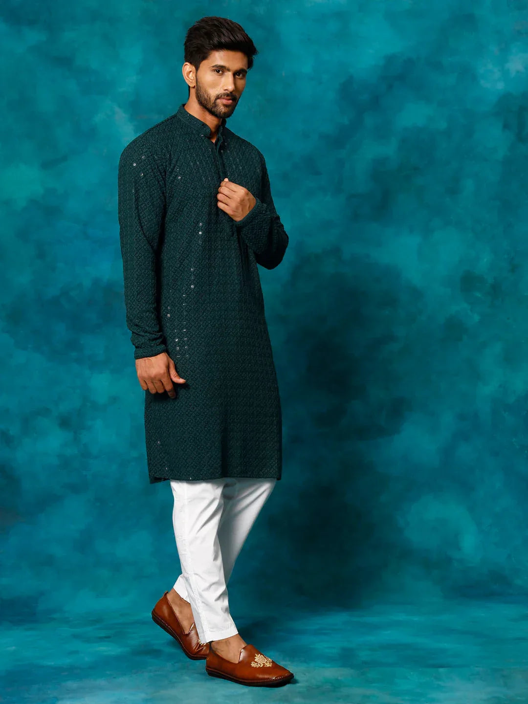 Men's Green Rayon Schiffli Kurta And Pant Set