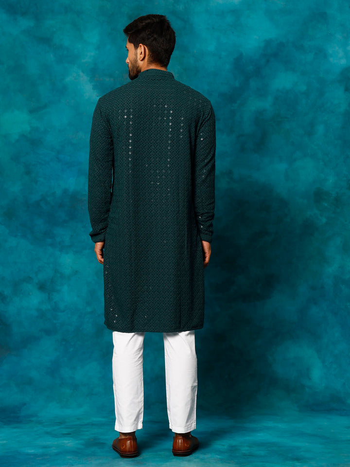 VM By VASTRAMAY Men's Green Rayon Schiffli Kurta And Pant Set