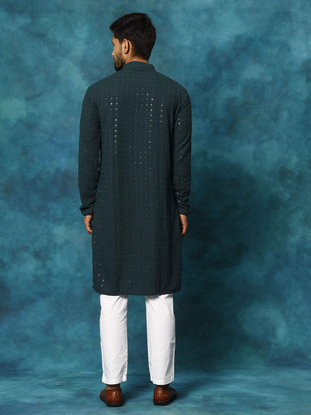 VASTRAMAY Green Schiffli Embroidered Kurta Pyjama Baap Beta Set