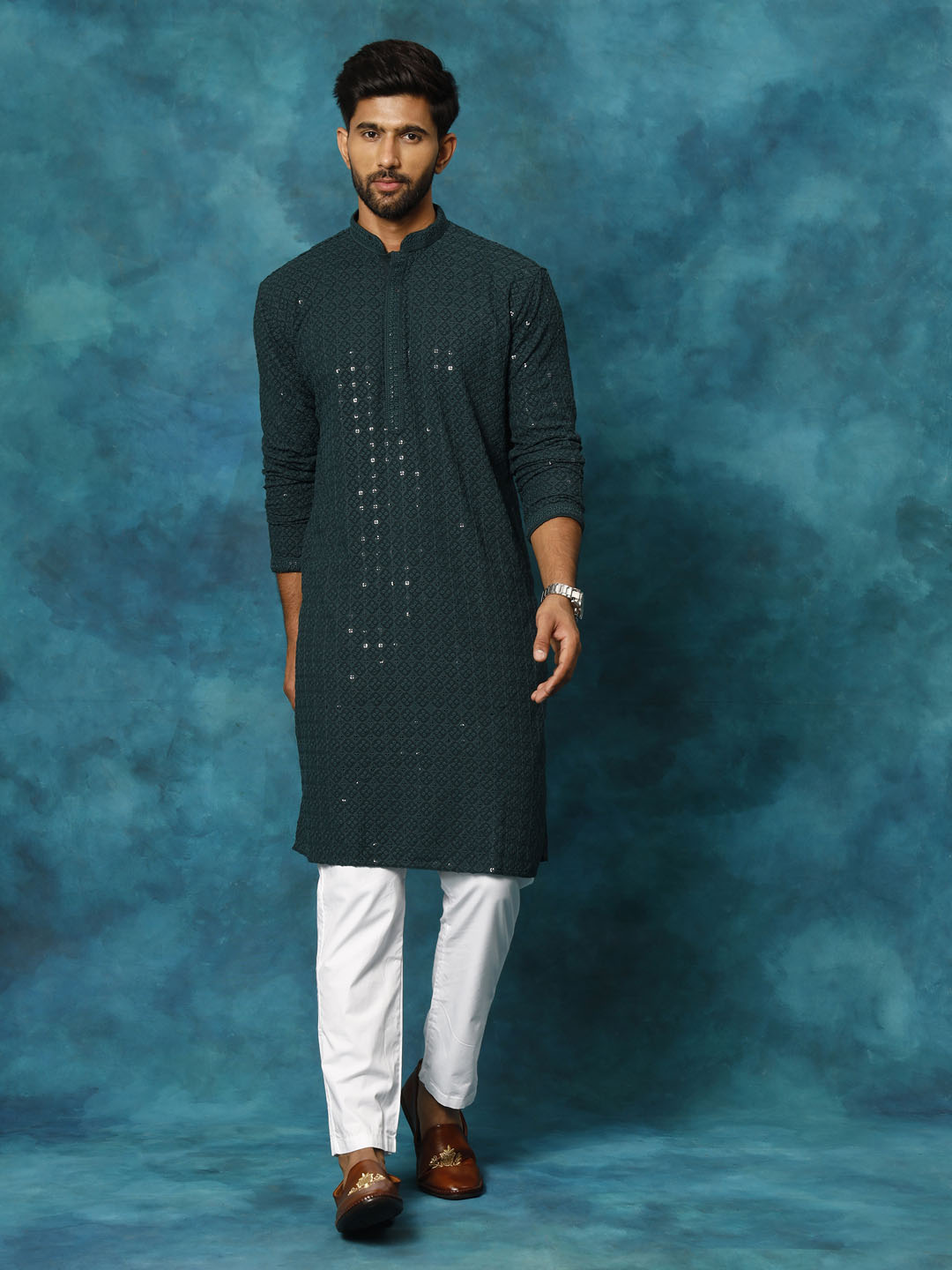 VM By VASTRAMAY Men's Green Rayon Schiffli Kurta And Pant Set