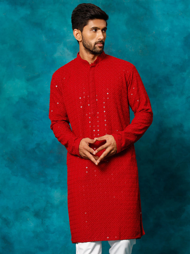 VM By VASTRAMAY Men's Maroon Rayon Schiffli Kurta