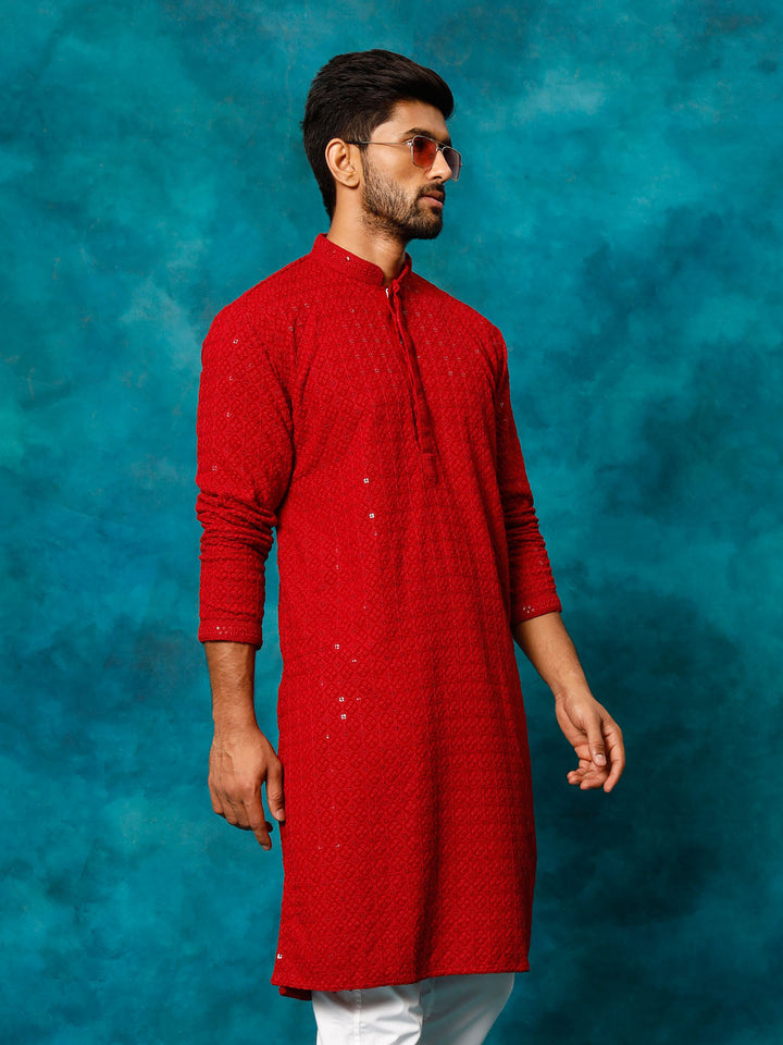 VM By VASTRAMAY Men's Maroon Rayon Schiffli Kurta