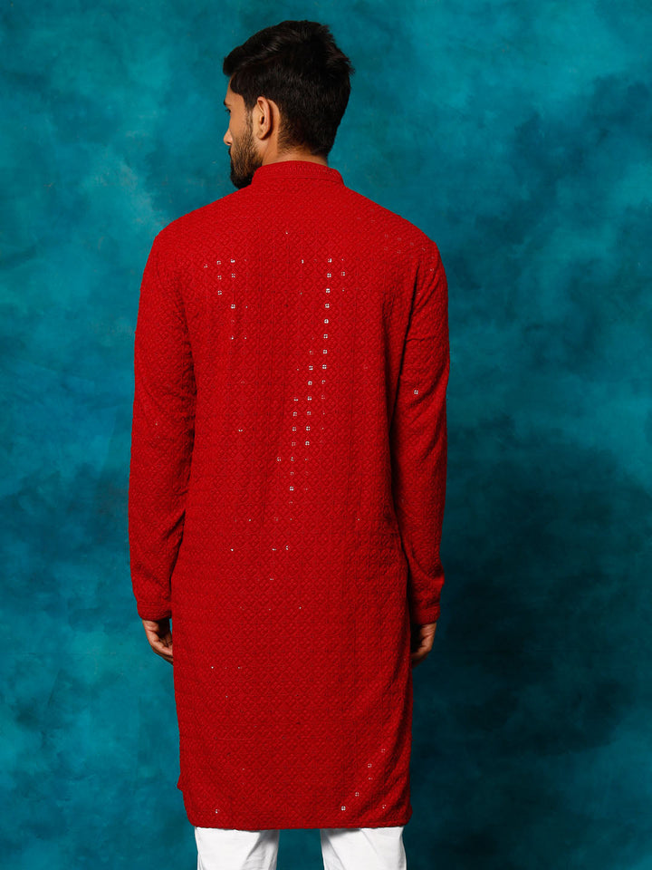 VM By VASTRAMAY Men's Maroon Rayon Schiffli Kurta