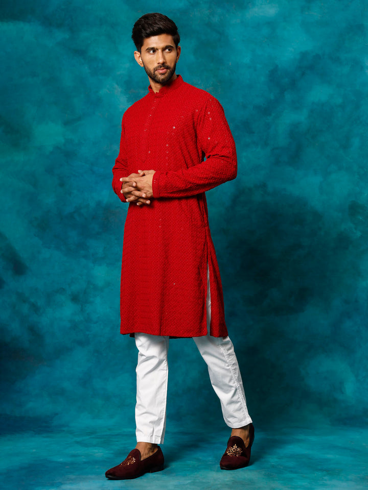 VM By VASTRAMAY Men's Maroon Rayon Schiffli Kurta