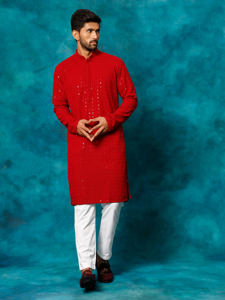 VM By VASTRAMAY Men's Maroon Rayon Schiffli Kurta And Pant Set