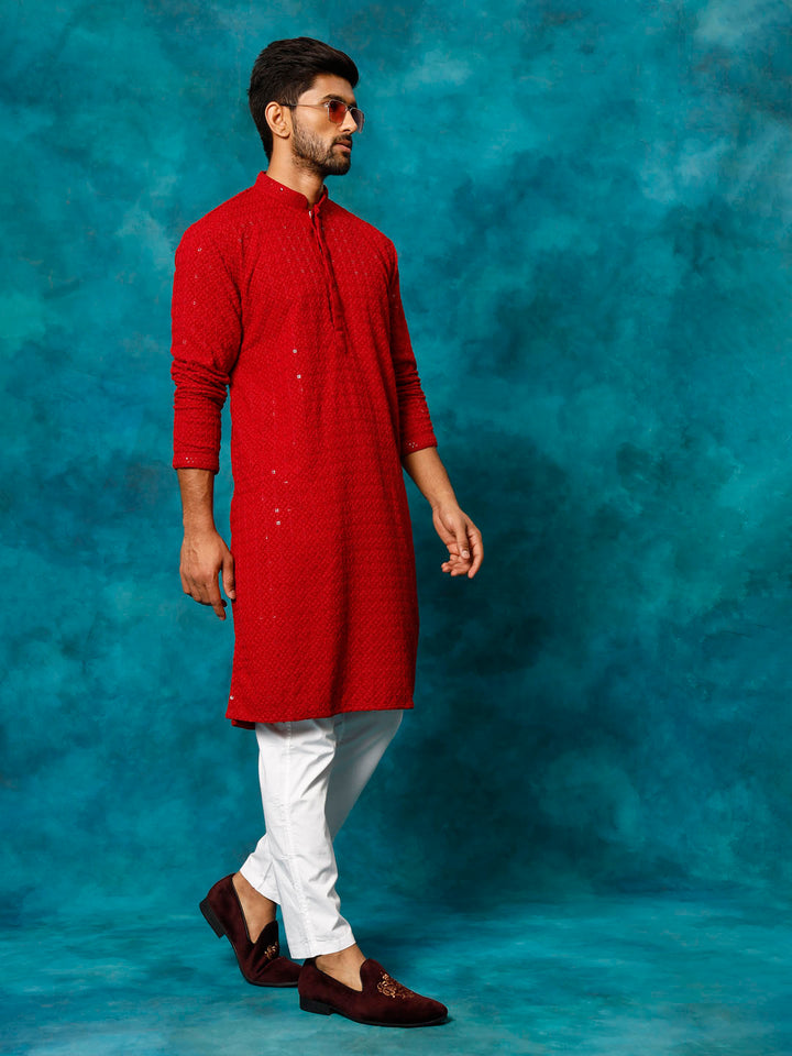 VM By VASTRAMAY Men's Maroon Rayon Schiffli Kurta And Pant Set