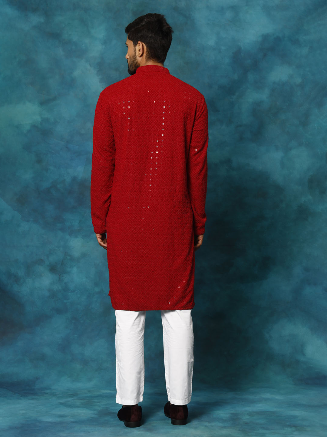 Men's Maroon Rayon Schiffli Kurta And Pant Set