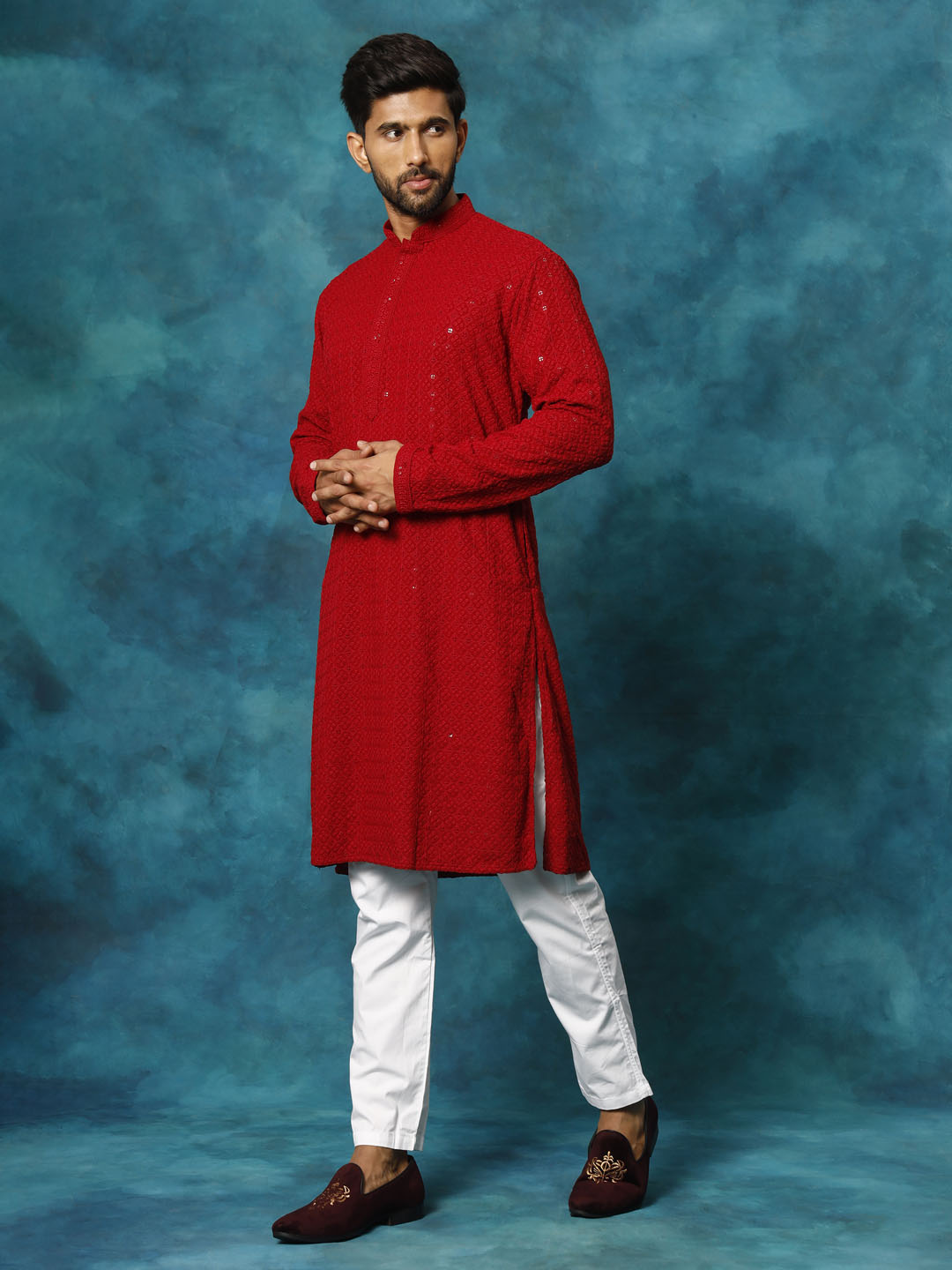 Men's Maroon Rayon Schiffli Kurta And Pant Set