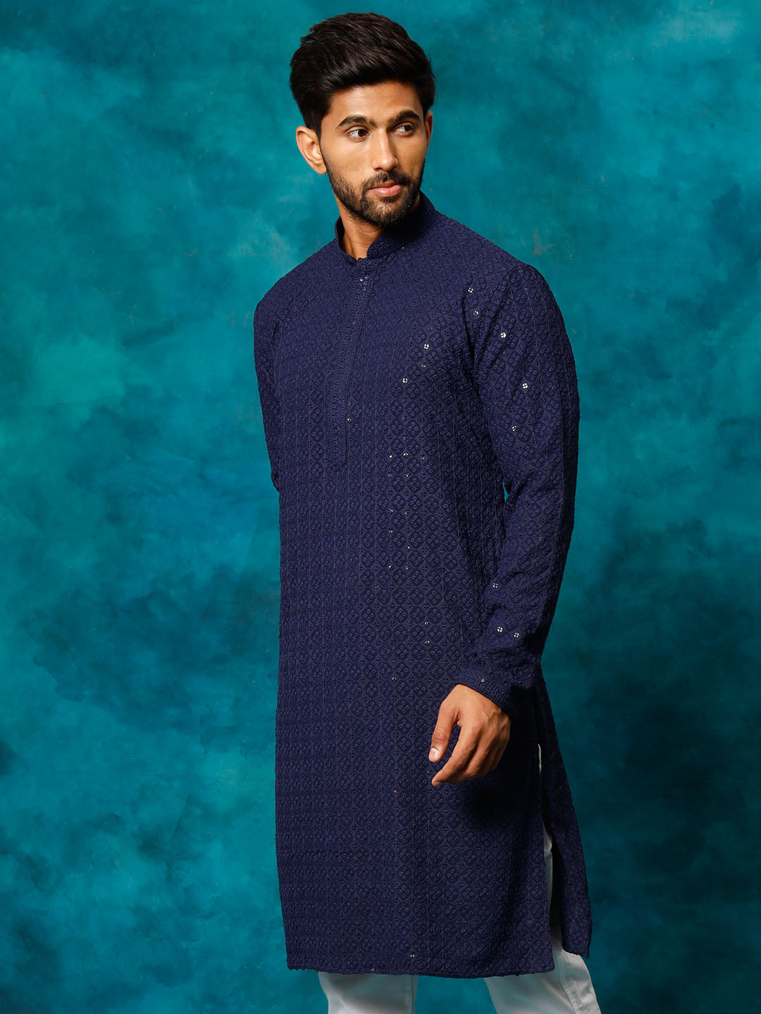 VM By VASTRAMAY Men's Navy Blue Rayon Schiffli Kurta