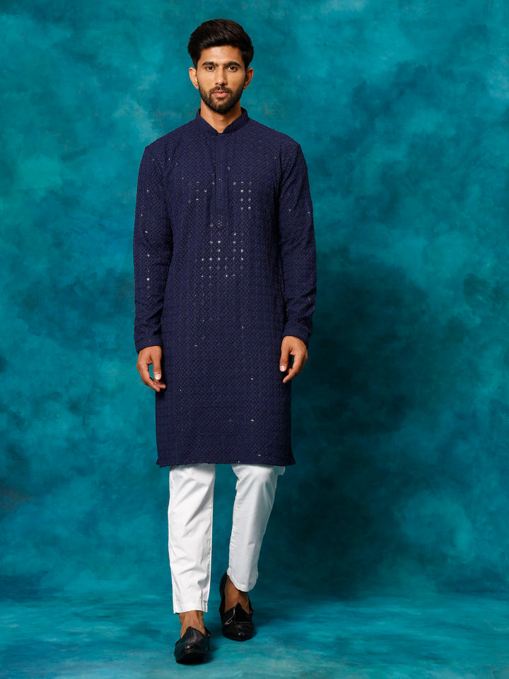 VM By VASTRAMAY Men's Navy Blue Rayon Schiffli Kurta And Pant Set