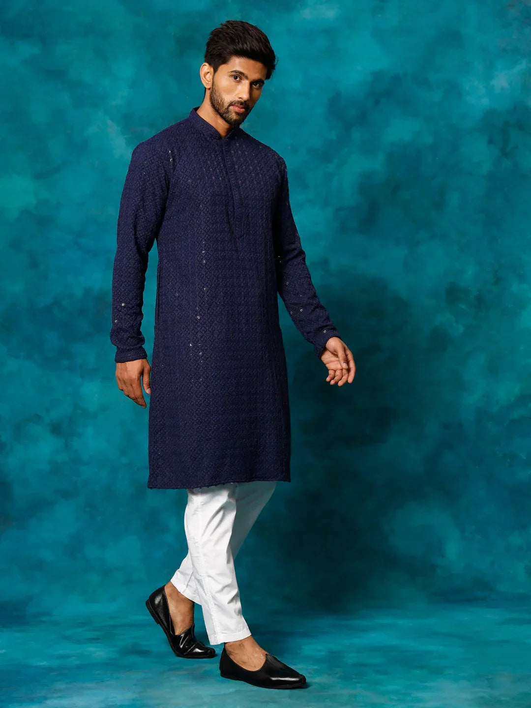 Men's Navy Blue Rayon Schiffli Kurta And Pant Set