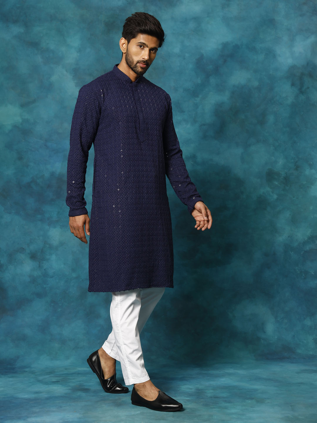 VM By VASTRAMAY Men's Navy Blue Rayon Schiffli Kurta And Pant Set