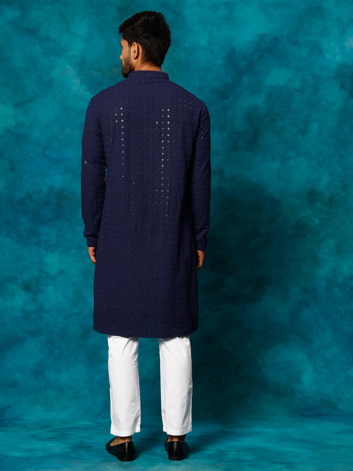 VM By VASTRAMAY Men's Navy Blue Rayon Schiffli Kurta And Pant Set