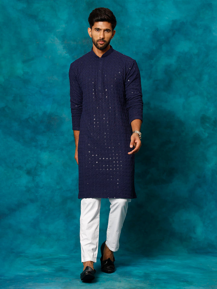 VM By VASTRAMAY Men's Navy Blue Rayon Schiffli Kurta And Pant Set