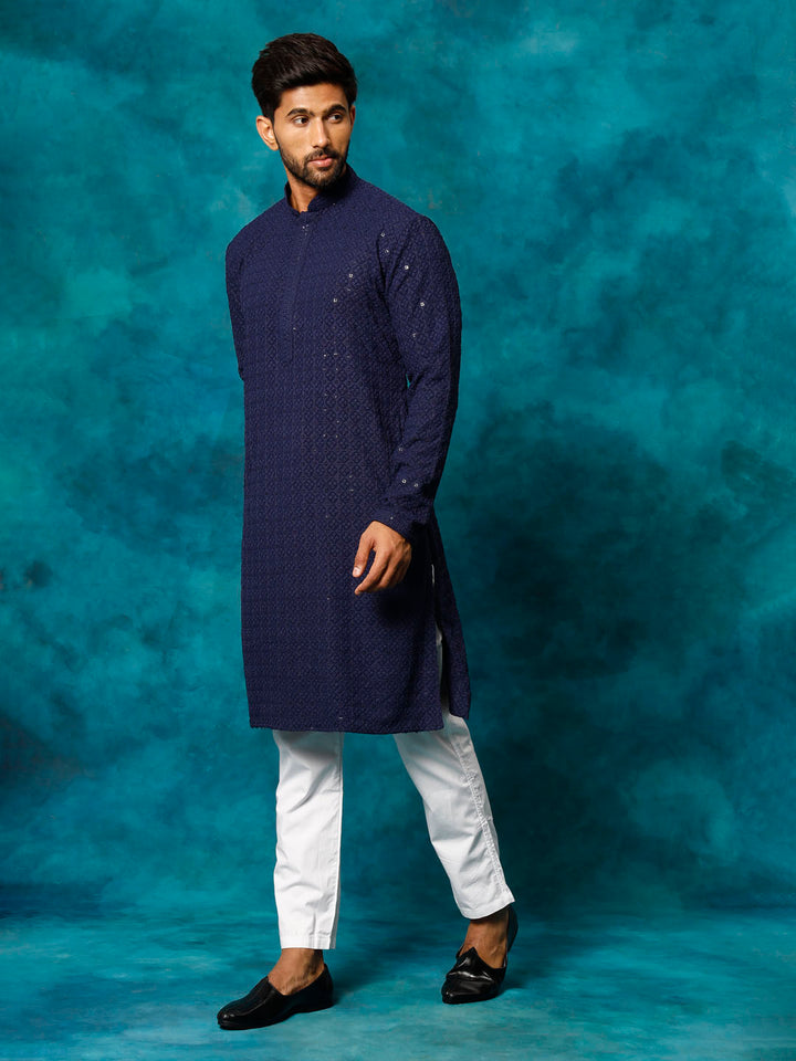 VM By VASTRAMAY Men's Navy Blue Rayon Schiffli Kurta And Pant Set