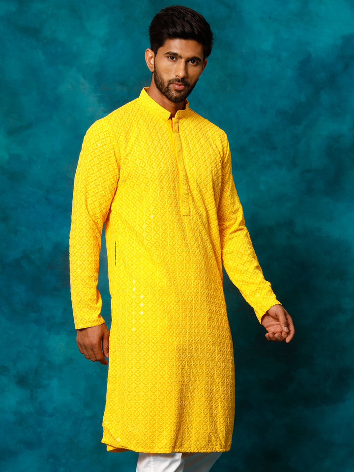 VM By VASTRAMAY Men's Yellow Rayon Schiffli Kurta