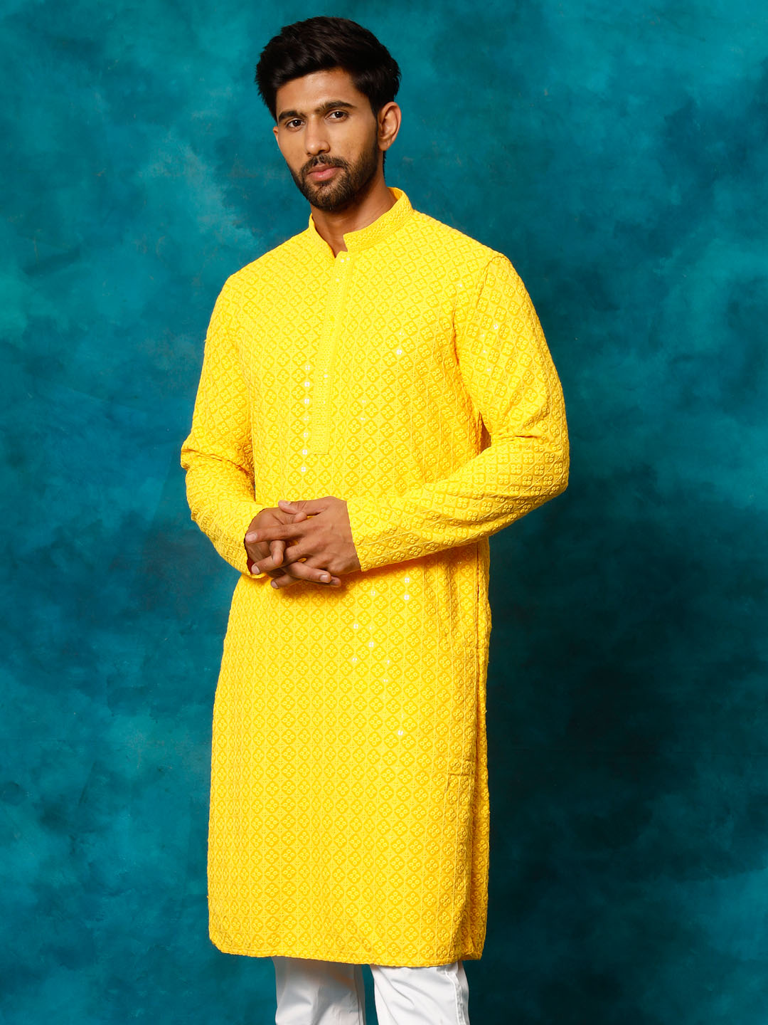 VM By VASTRAMAY Men's Yellow Rayon Schiffli Kurta