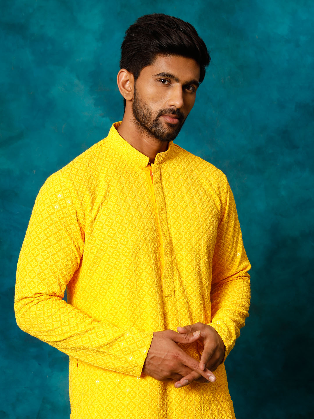 VM By VASTRAMAY Men's Yellow Rayon Schiffli Kurta