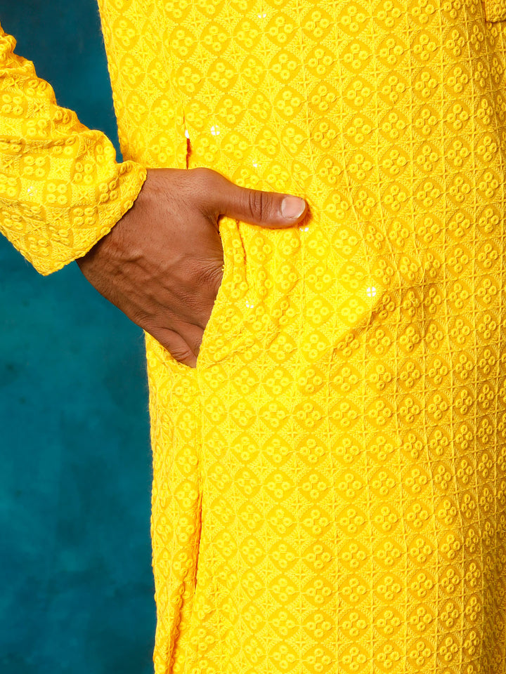 VM By VASTRAMAY Men's Yellow Rayon Schiffli Kurta