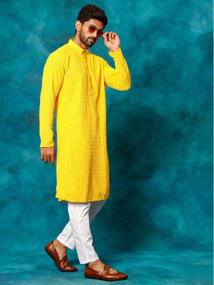 VM By VASTRAMAY Men's Yellow Rayon Schiffli Kurta