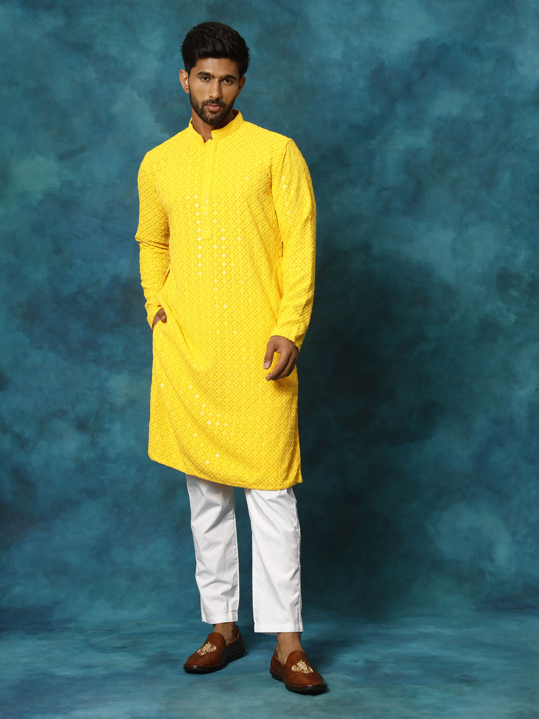 VM By VASTRAMAY Men's Yellow Rayon Schiffli Kurta And Pant Set