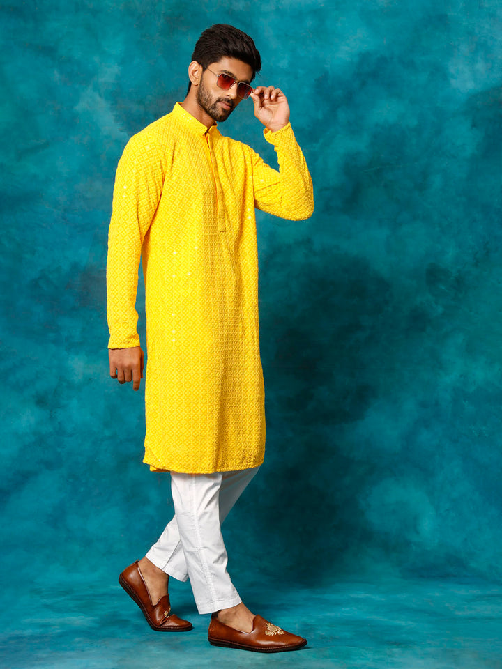 VM By VASTRAMAY Men's Yellow Rayon Schiffli Kurta And Pant Set