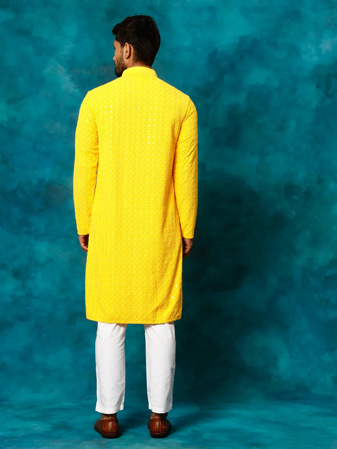 Men's Yellow Rayon Schiffli Kurta And Pant Set