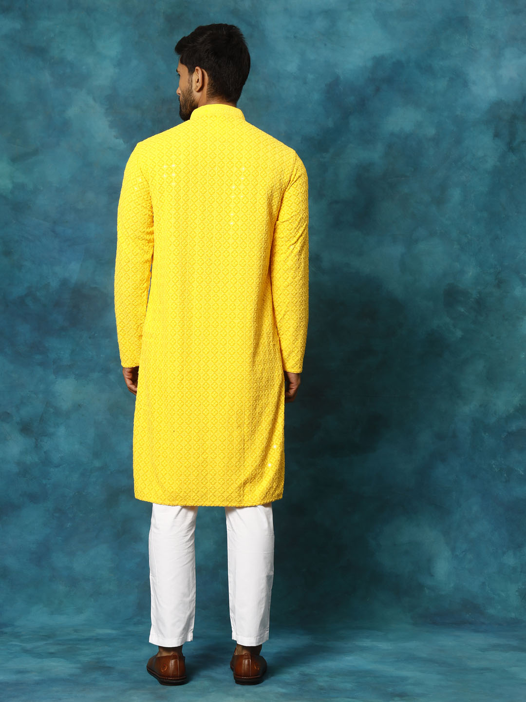 VM By VASTRAMAY Men's Yellow Rayon Schiffli Kurta And Pant Set