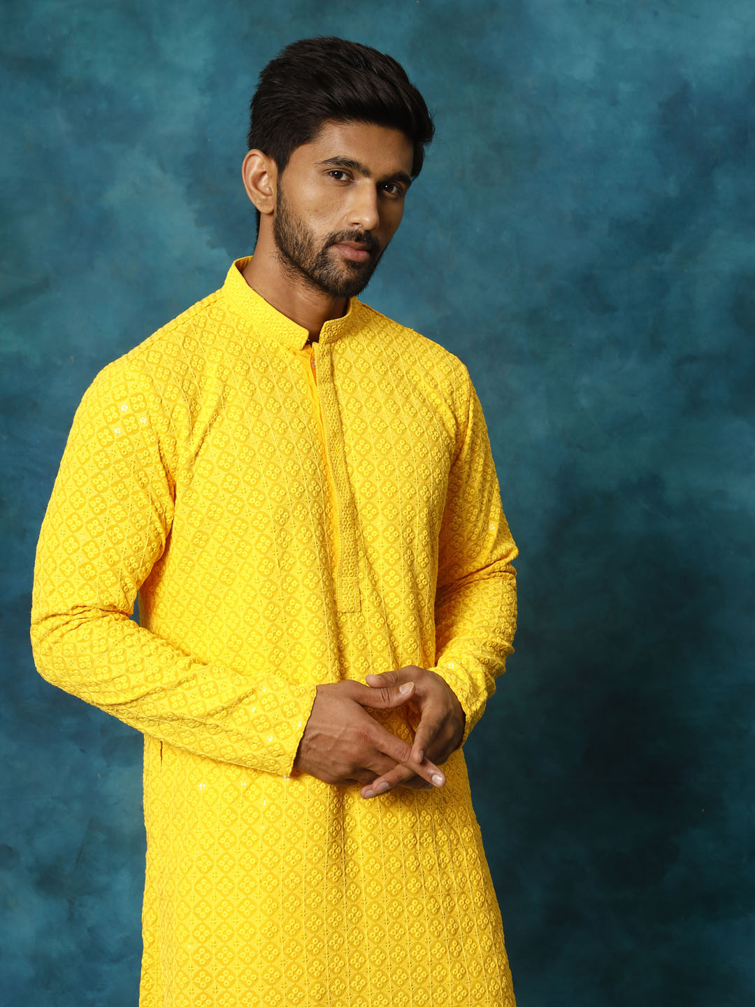 VM By VASTRAMAY Men's Yellow Rayon Schiffli Kurta And Pant Set