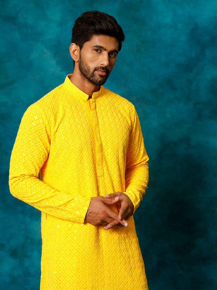 VM By VASTRAMAY Men's Yellow Rayon Schiffli Kurta And Pant Set