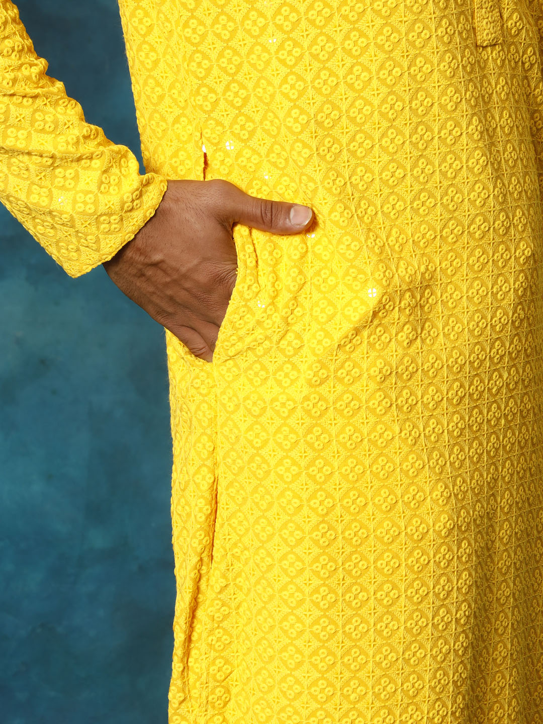 VM By VASTRAMAY Men's Yellow Rayon Schiffli Kurta And Pant Set