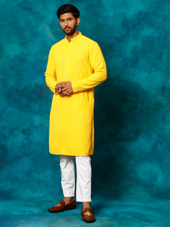 VM By VASTRAMAY Men's Yellow Rayon Schiffli Kurta And Pant Set