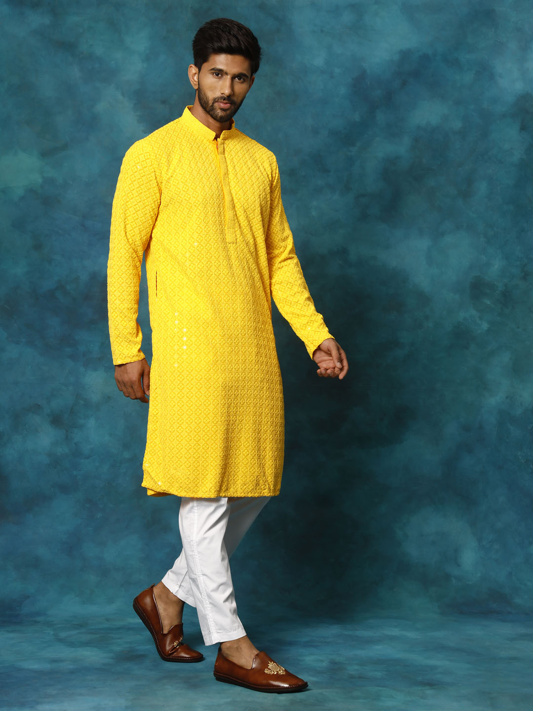 VM By VASTRAMAY Men's Yellow Rayon Schiffli Kurta And Pant Set