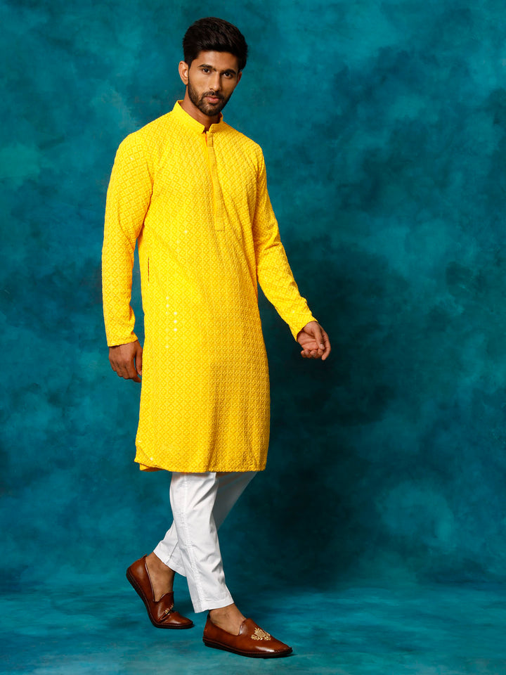 VM By VASTRAMAY Men's Yellow Rayon Schiffli Kurta And Pant Set