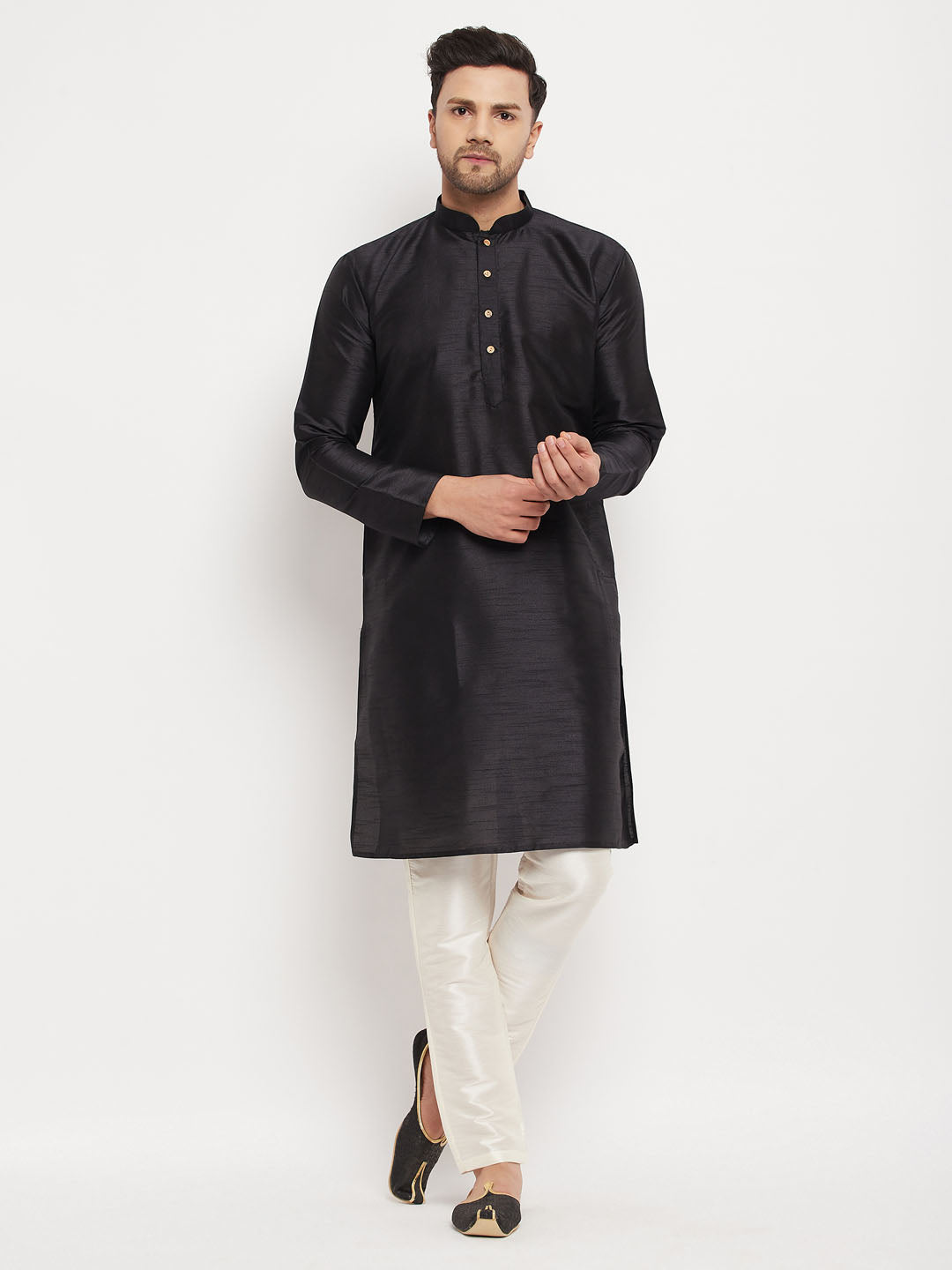 VM BY VASTRAMAY Men's Black Silk Blend Kurta and Cream Pant Style Pyjama Set