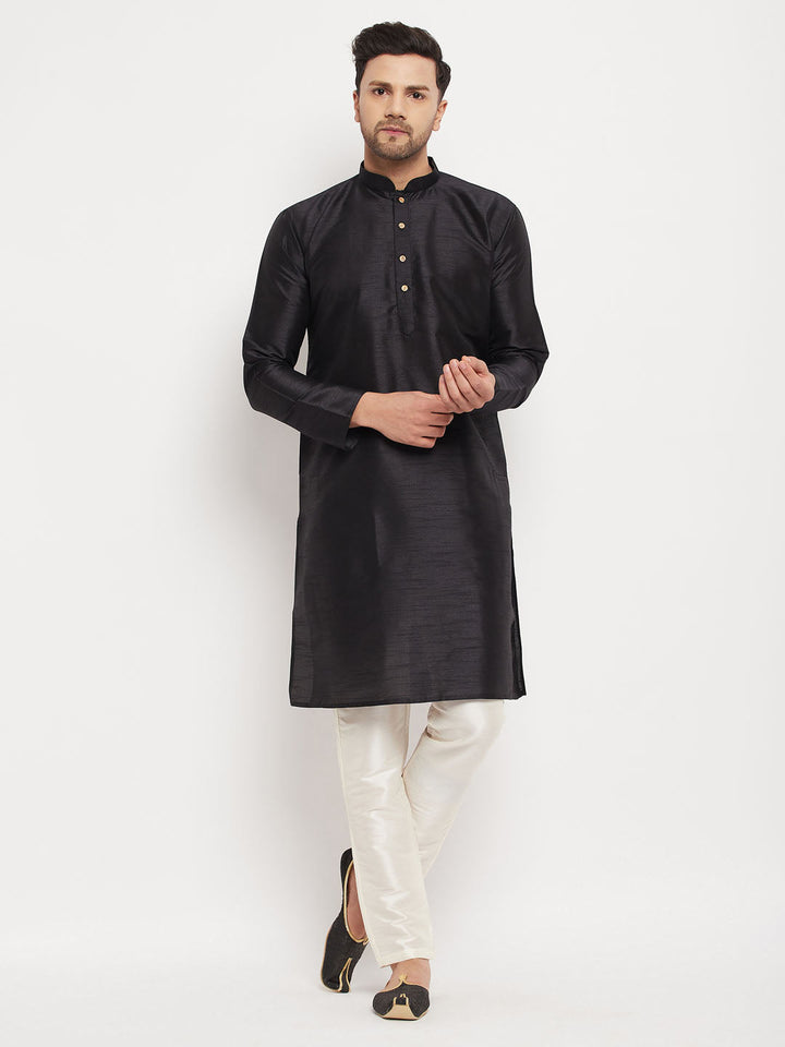 VM BY VASTRAMAY Men's Black Silk Blend Kurta and Cream Pant Style Pyjama Set