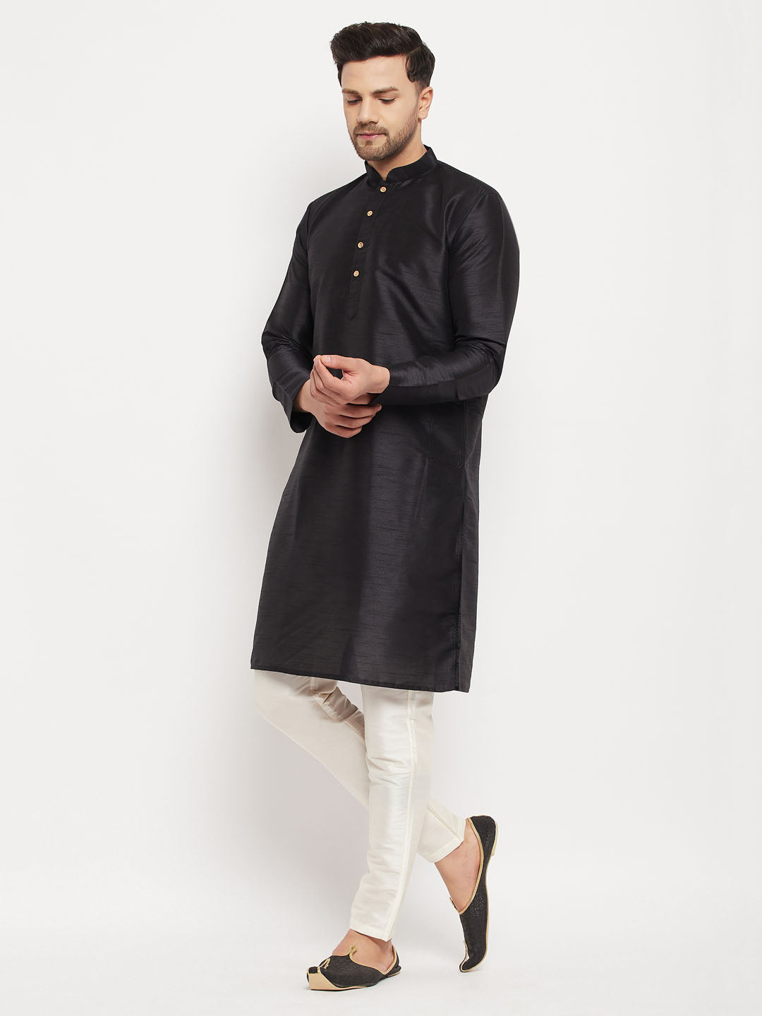 VM BY VASTRAMAY Men's Black Silk Blend Kurta and Cream Pant Style Pyjama Set