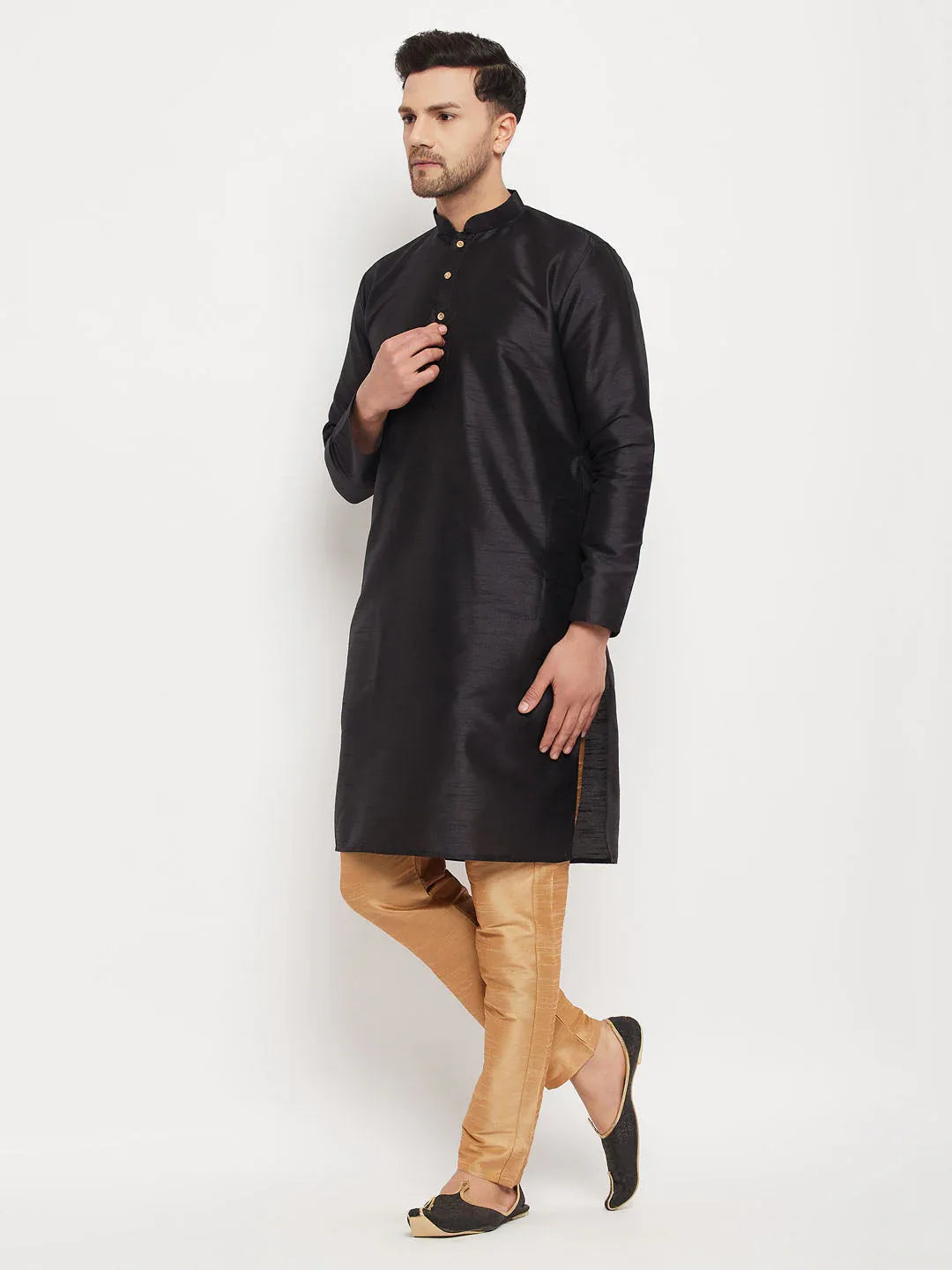 Men's Black Silk Blend Kurta And Rose Gold Pant Style Pyjama Set