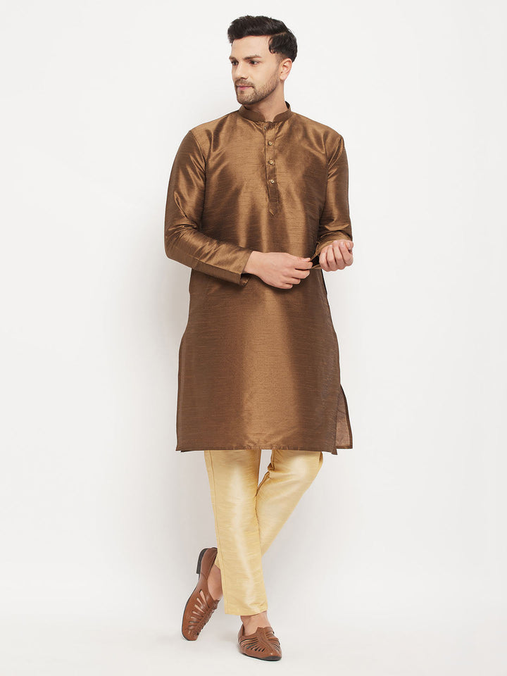 VM BY VASTRAMAY Men's Coffee Silk Blend Kurta and Gold Pant Style Pyjama Set