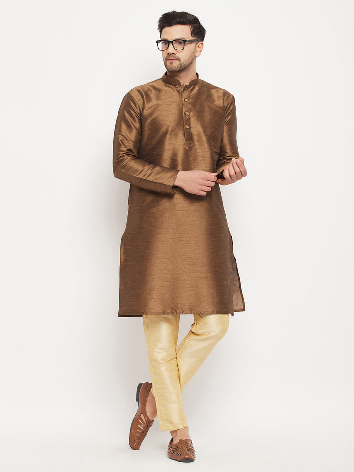 VM BY VASTRAMAY Men's Coffee Silk Blend Kurta and Gold Pant Style Pyjama Set