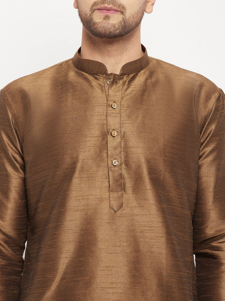 VM BY VASTRAMAY Men's Coffee Silk Blend Kurta and Gold Pant Style Pyjama Set