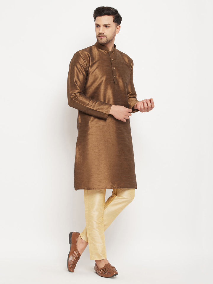 VM BY VASTRAMAY Men's Coffee Silk Blend Kurta and Gold Pant Style Pyjama Set