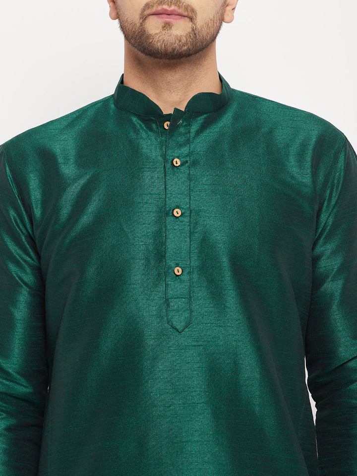 VM BY VASTRAMAY Men's Green Cotton Silk Blend Kurta and Rose Gold Pant Style Pyjama Set