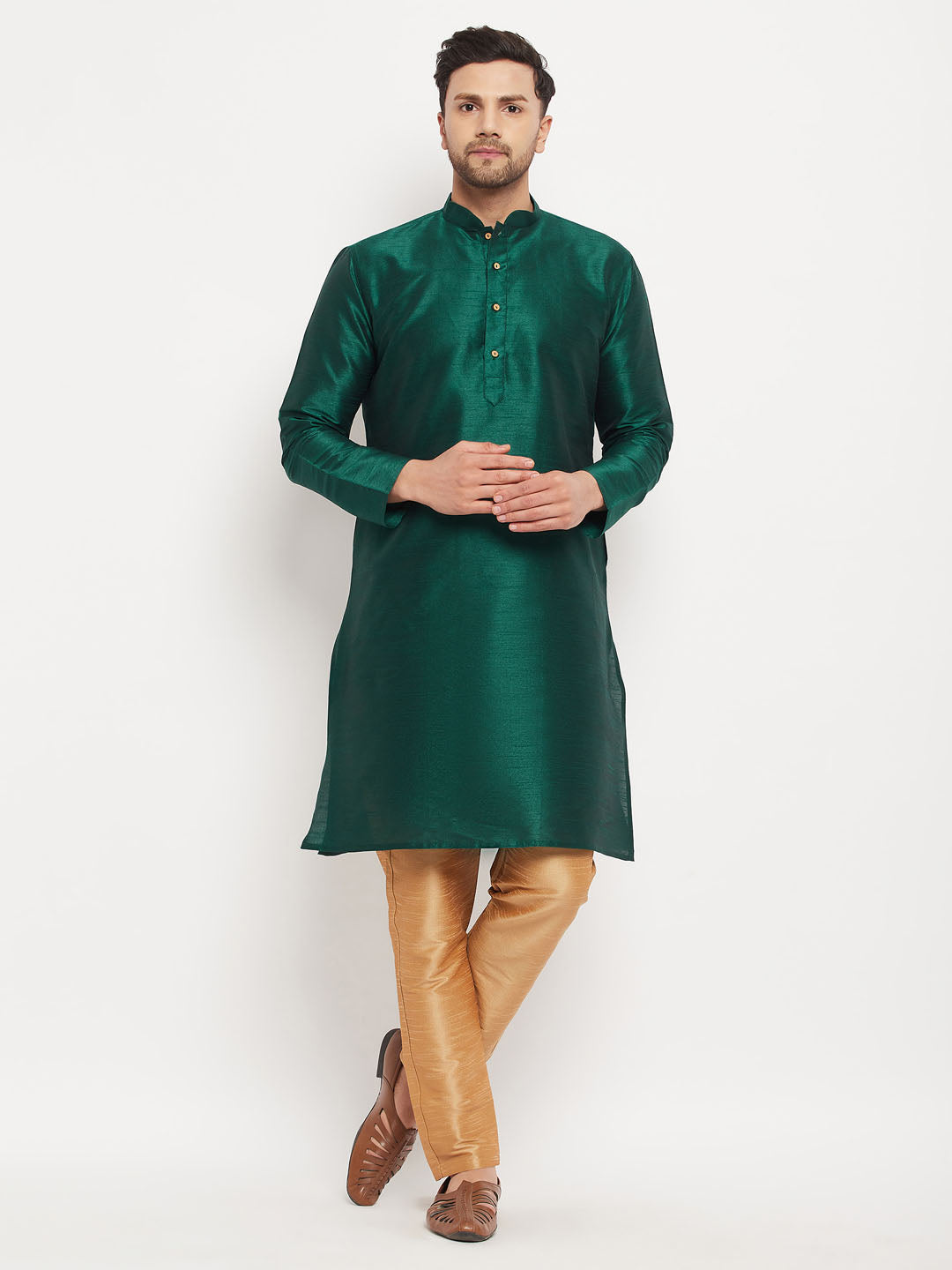 VM BY VASTRAMAY Men's Green Cotton Silk Blend Kurta and Rose Gold Pant Style Pyjama Set