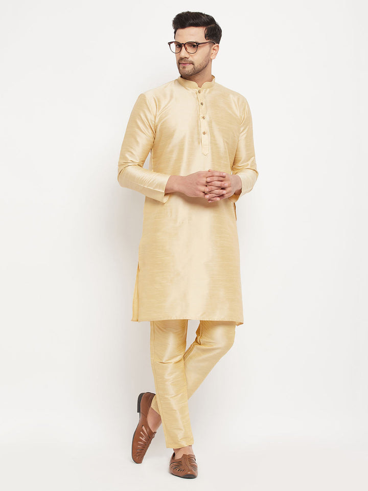 VM BY VASTRAMAY Men's Gold Cotton Silk Blend Kurta and Gold Pant Style Pyjama Set