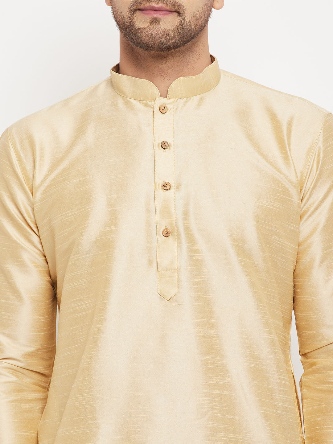 VM BY VASTRAMAY Men's Gold Cotton Silk Blend Kurta and Gold Pant Style Pyjama Set