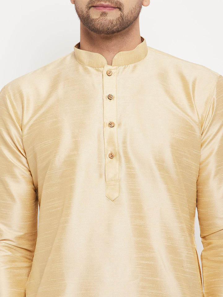 VM BY VASTRAMAY Men's Gold Cotton Silk Blend Kurta and Gold Pant Style Pyjama Set