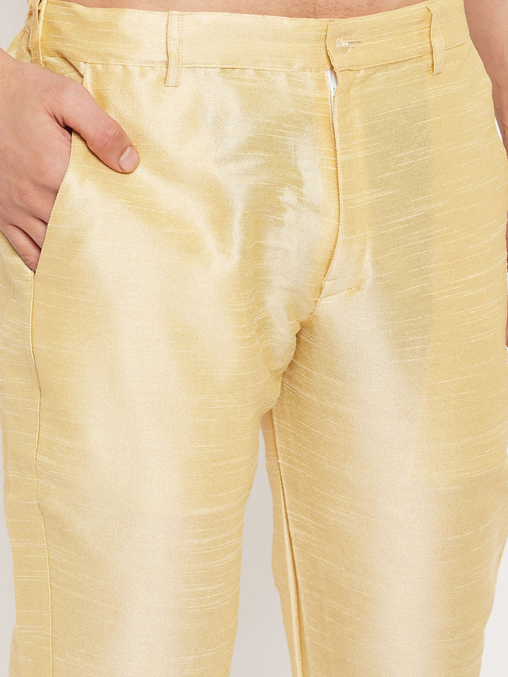 VM BY VASTRAMAY Men's Gold Cotton Silk Blend Kurta and Gold Pant Style Pyjama Set